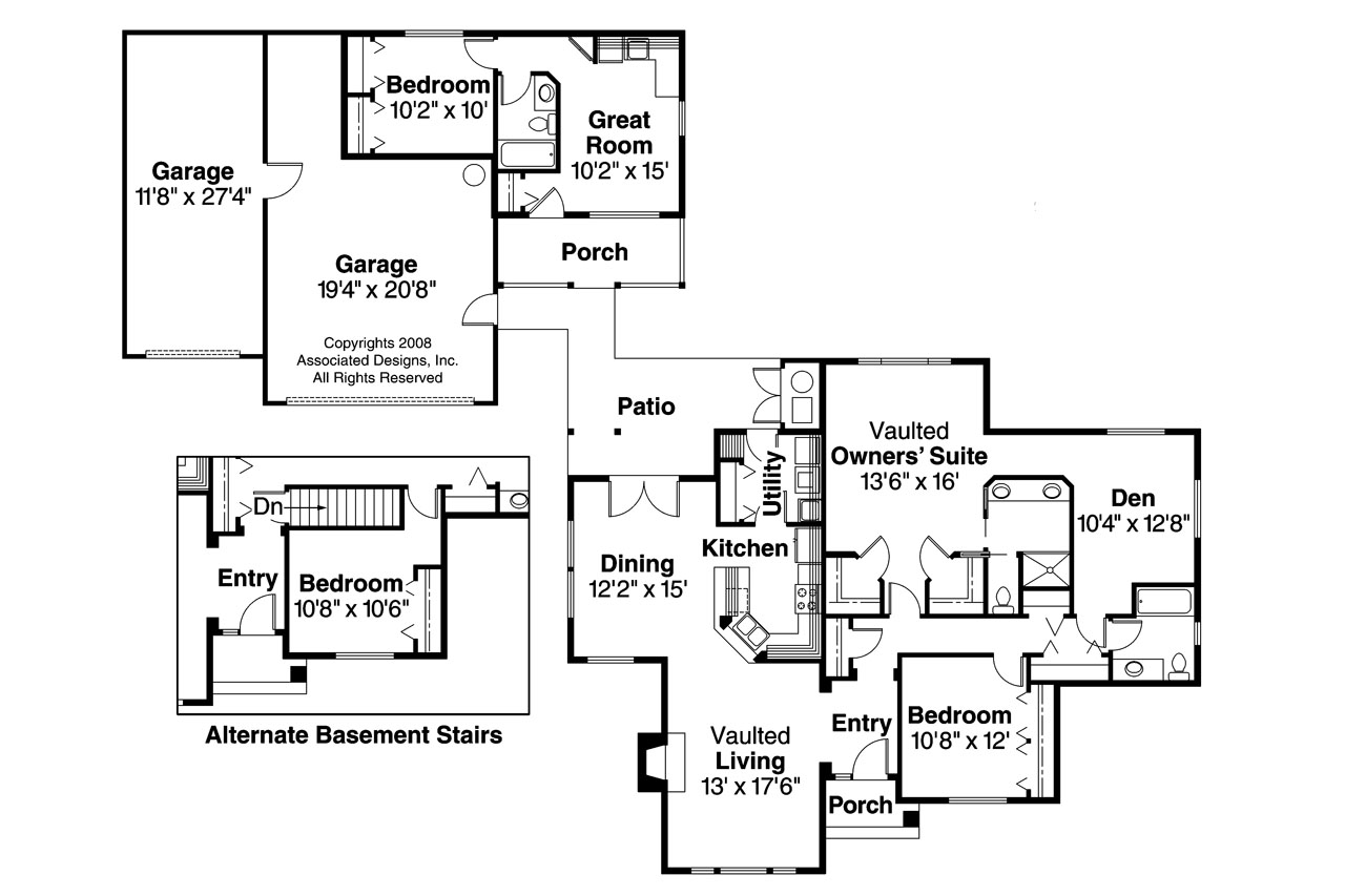 Ranch House Plan, Home Plan, Kingsley 30-184, Detached Garage, Granny Flat