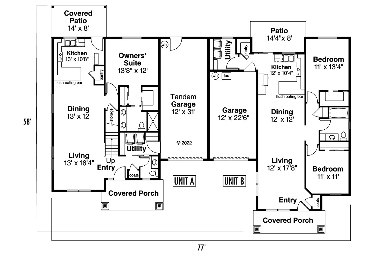 Cottage Duplex Plan - Columbine 60-046 First Floor Plan